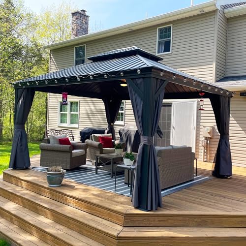 10' x 14' Permanent Hardtop Gazebo with Galvanized Steel Double Roof, Curtains and Netting Included M871