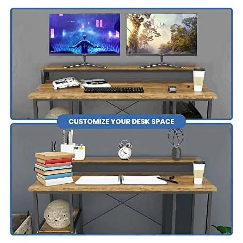 Industrial Computer Desk with Monitor Shelf, 55 Inch, Walnut and Black O381