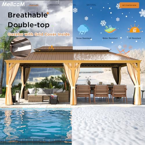 12x16 ft Hardtop Gazebo with Double Roof, Curtains and Netting T94173