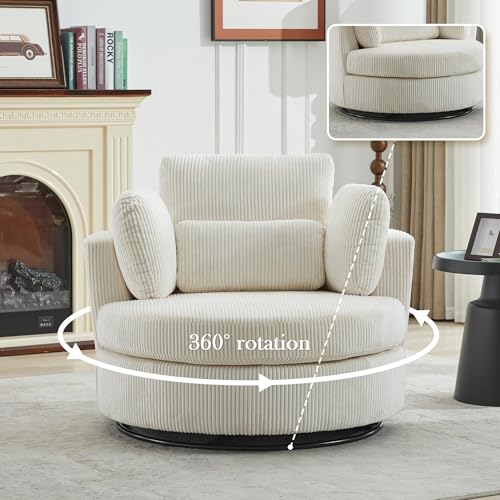 Oversized Swivel Barrel Chair with Ottoman, Chenille, Beige M813