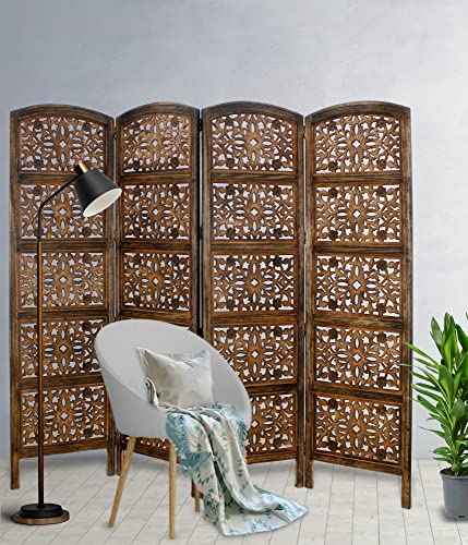 4 Panel Folding Wood Room Divider, Antique Brown, 72 x 80 P209