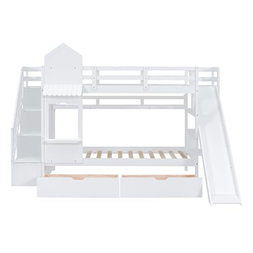 Kids Bunk Bed with Stairs and Slide, Twin Over Twin, Gray O540