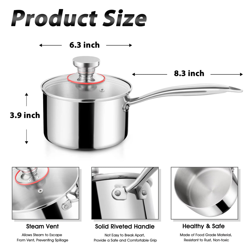 2 Quart Saucepan with Glass Lid, Tri-Ply Stainless Steel Milk Pan M7582