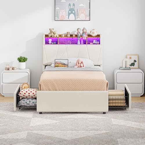 Twin Bed Frame with 2 Storage Drawers, Charging Station and LED Lights, Upholstered Platform Bed with Storage Headboard, No Box Spring Needed M8748