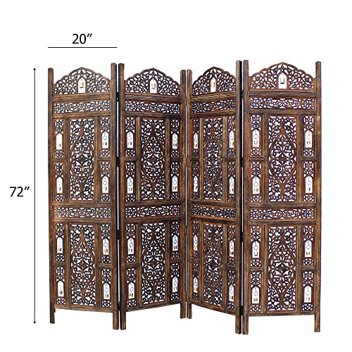 4 Panel Folding Wood Room Divider, Antique Brown, 72 x 80 P209