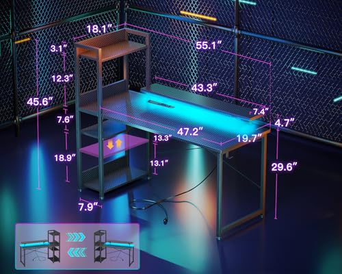 Reversible Gaming Desk with USB Charging Port and LED Lights, 40 Inch Computer Desk with Storage Shelves M571