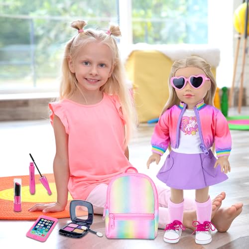 18 Inch Doll Clothes and Makeup Accessories Set with Rainbow Backpack L3809