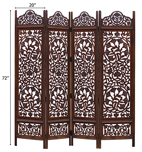 4 Panel Folding Wood Room Divider, Antique Brown, 72 x 80 P209