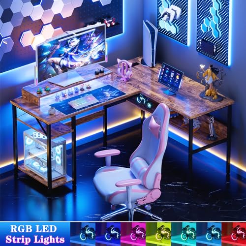 Reversible L Shaped Desk with Power Outlets and LED Light, Corner Computer Desk with Monitor Stand and Storage Shelves, Black A318171