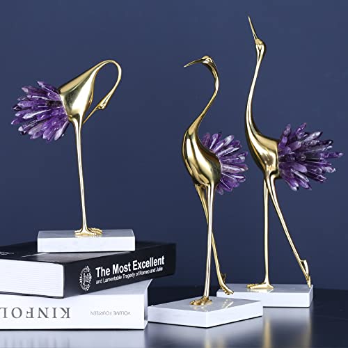 Gold Crane Bird Statue with Crystal Tail Accents, Brass Figurine for Home Decor E1797