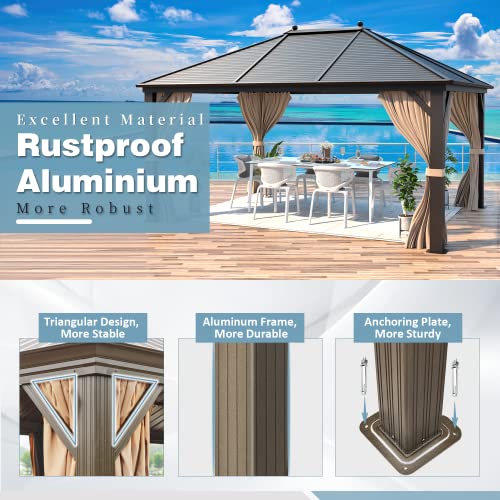 12x16 ft Hardtop Gazebo with Double Roof, Curtains and Netting T94173