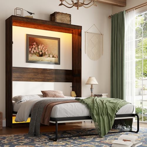 Queen Size Murphy Bed with 2 LED Lights, Farmhouse Wood Hidden Foldable Wall Bed Frame w/Gas Struts, Storage Bed Cabinet for Bedroom, Office, Space-Saving, No Box Spring Needed, Rustic White