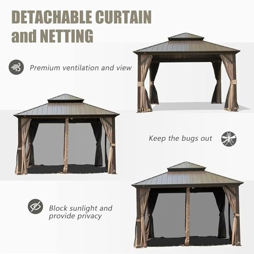 10 x 10 ft Hardtop Gazebo with Netting and Curtains, Galvanized Steel Roof for Patio K80436
