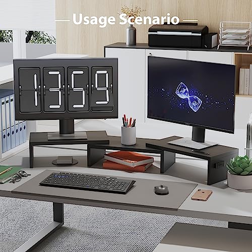 Dual Monitor Stand Riser with Smartphone Holder, Adjustable Wooden Desk Organizer B984