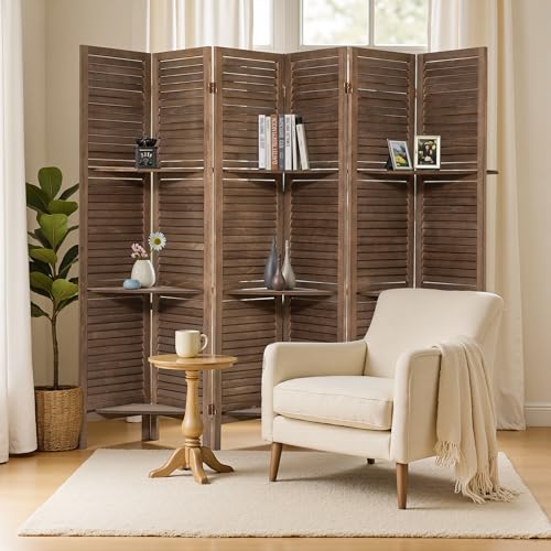 6 Panel Wooden Room Divider with Shelves P850285