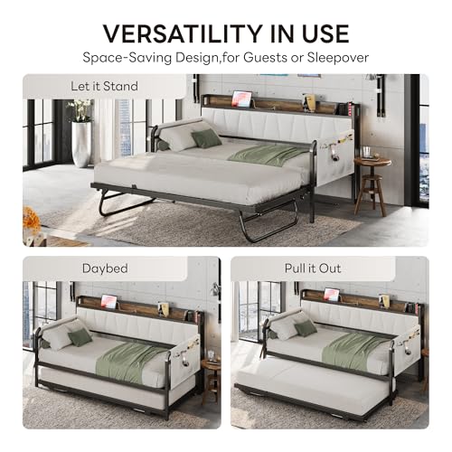 Daybed with Trundle Bed, Twin Bed Frame with Storage Headboard and Charging Station, Grey S3738
