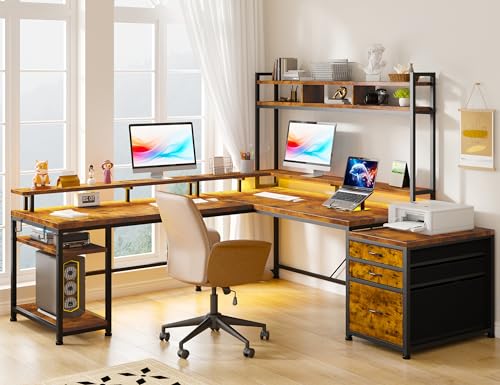 Large L Shaped Gaming Desk with Hutch and Drawers, 64" Reversible Computer Desk with Storage Shelves, Monitor Stand and LED Light for Home Office, Power Outlets, White V6783