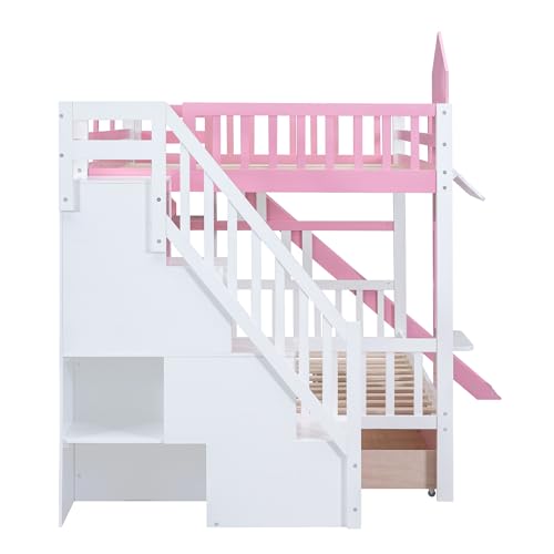 Twin Over Twin Bunk Bed with Stairs and Slide, Solid Wood Frame with Storage B8483