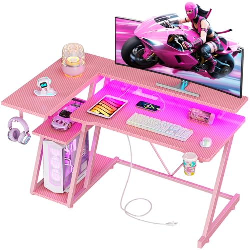 L Shaped Gaming Desk with Power Outlet and LED Lights Y52619
