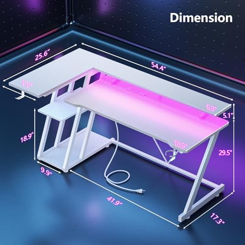 L Shaped Gaming Desk with Power Outlet and LED Lights Y52619