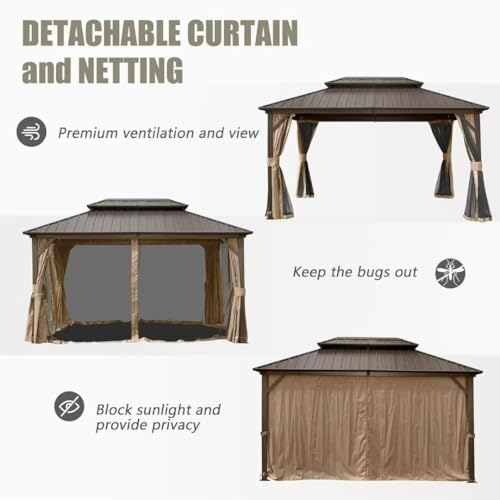 10 x 10 ft Hardtop Gazebo with Netting and Curtains, Galvanized Steel Roof for Patio K80436