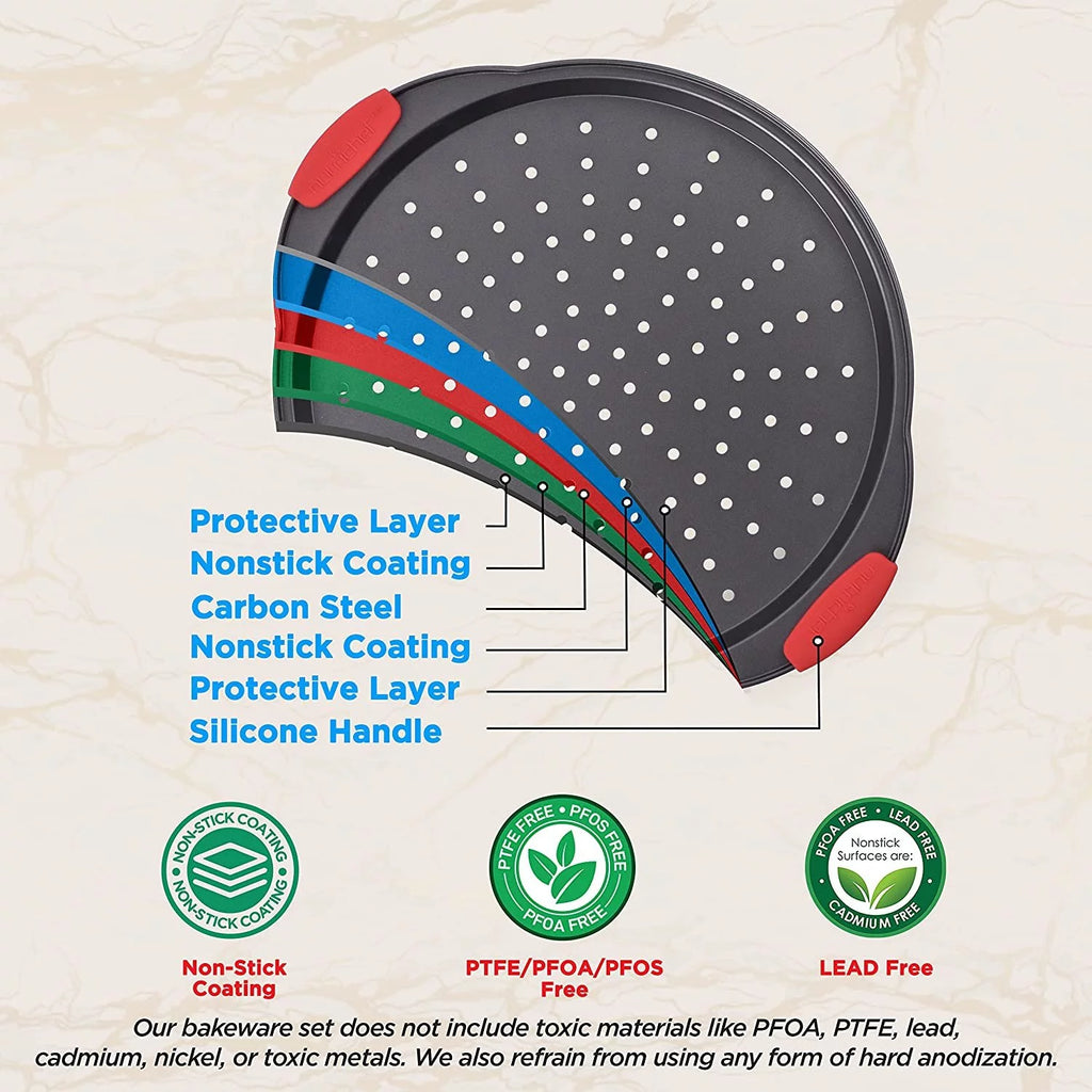 Non-Stick Pizza Tray with Silicone Handle, Round Steel Pan with Perforated Holes W84840