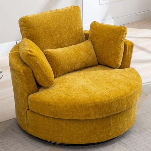 Oversized Swivel Barrel Chair with Ottoman, Chenille, Beige M813