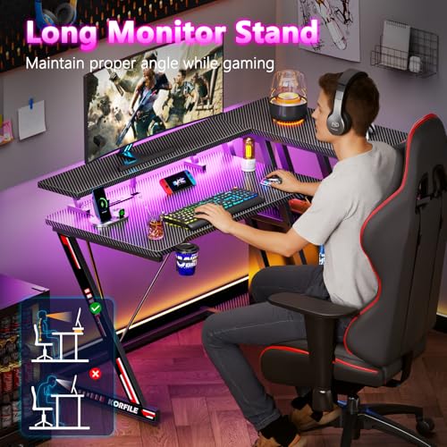L Shaped Gaming Desk with Power Outlet and LED Lights Y52619