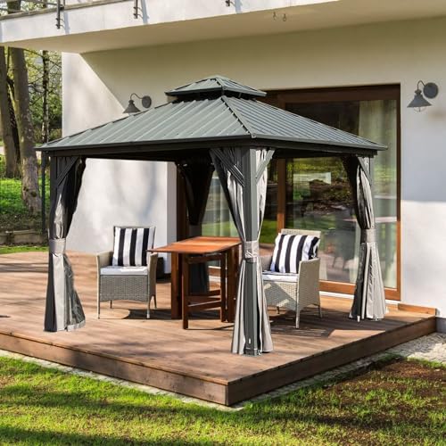 10 x 10 ft Hardtop Gazebo with Netting and Curtains, Galvanized Steel Roof for Patio K80436