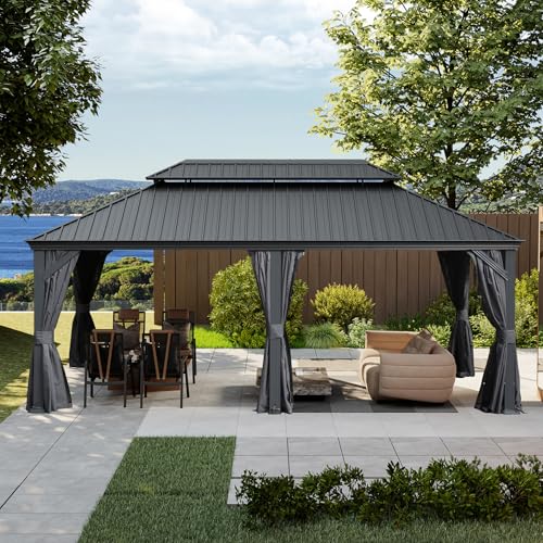 10 x 10 ft Hardtop Gazebo with Netting and Curtains, Galvanized Steel Roof for Patio K80436