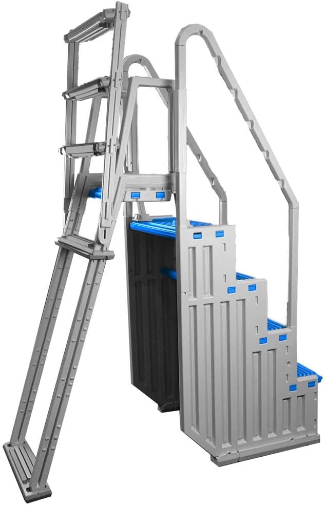 Above Ground Swimming Pool Step & Ladder, Heavy Duty, White Frame with Blue and Gray Steps J41441
