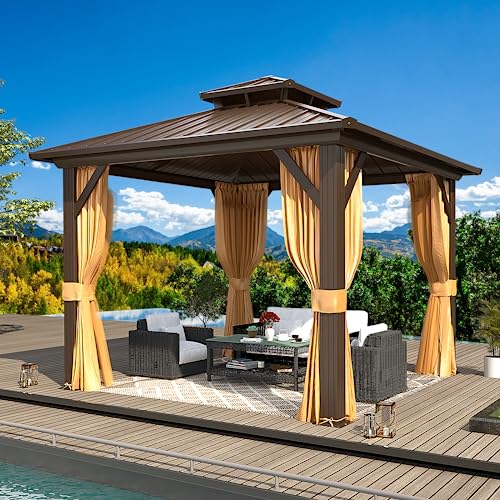10x13 Hardtop Gazebo with Polycarbonate Double Roof, Aluminum Frame, Curtains and Netting S2701