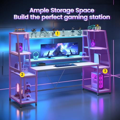 Gaming Desk with LED Lights, Hutch and Storage Shelves, Black O742