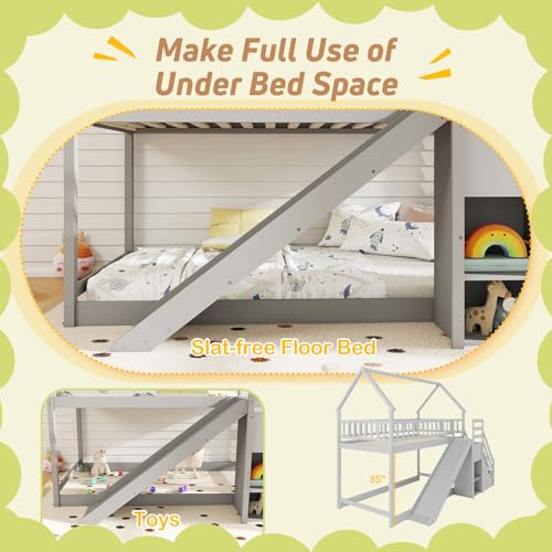 Twin Over Twin Bunk Bed with Slide & Stairs, Wood, White M692
