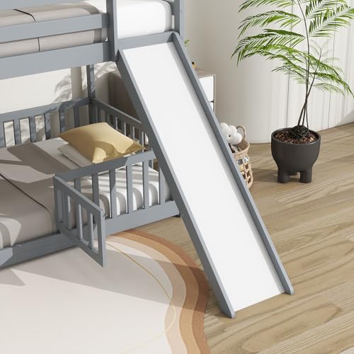 Twin Over Full Size Wooden Bunk Bed with Slide and Storage Stairs N394