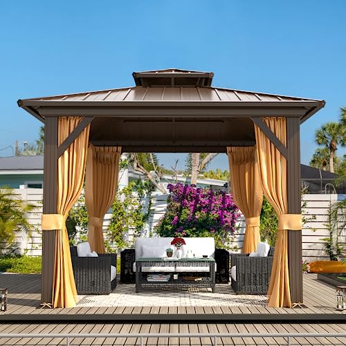10x13 Hardtop Gazebo with Polycarbonate Double Roof, Aluminum Frame, Curtains and Netting S2701
