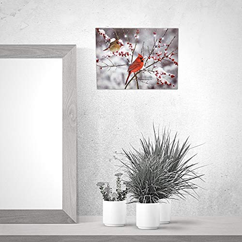 LED Cardinals Canvas Print with Cardinal Couple and Holiday Berries V670