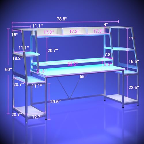 Gaming Desk with LED Lights, Hutch and Storage Shelves, Black O742