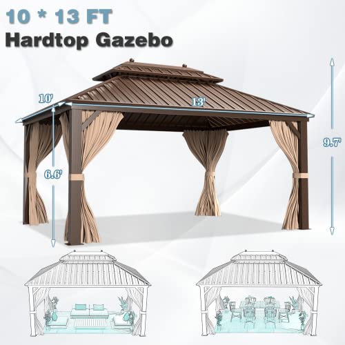 10x13 Hardtop Gazebo with Polycarbonate Double Roof, Aluminum Frame, Curtains and Netting S2701