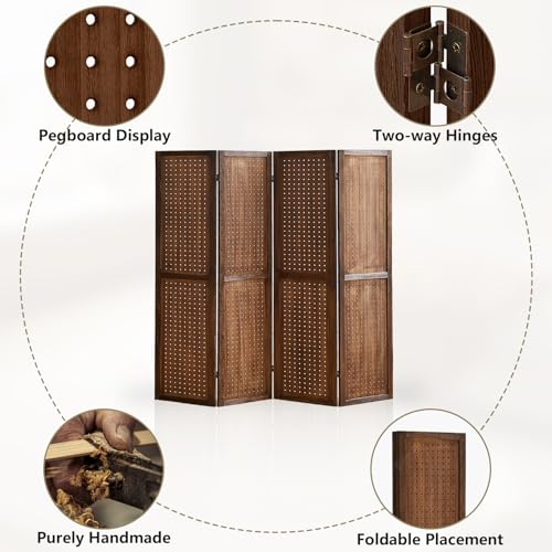 Wooden Pegboard Room Divider with Folding Privacy Screen, 5.6Ft, Light Brown D937870