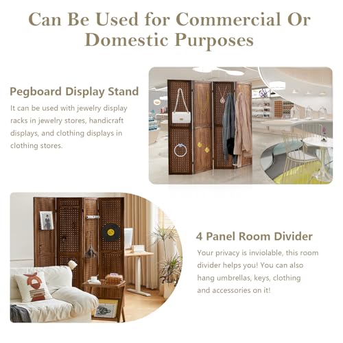 Wooden Pegboard Room Divider with Folding Privacy Screen, 5.6Ft, Light Brown D937870