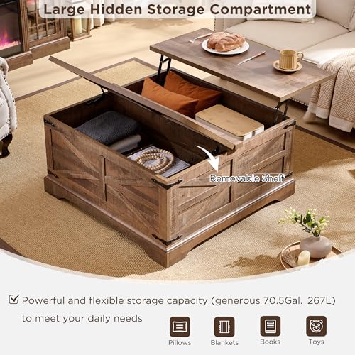 Farmhouse Lift Top Coffee Table with Storage, 36" Wood Square Center Table, Light Brown V399