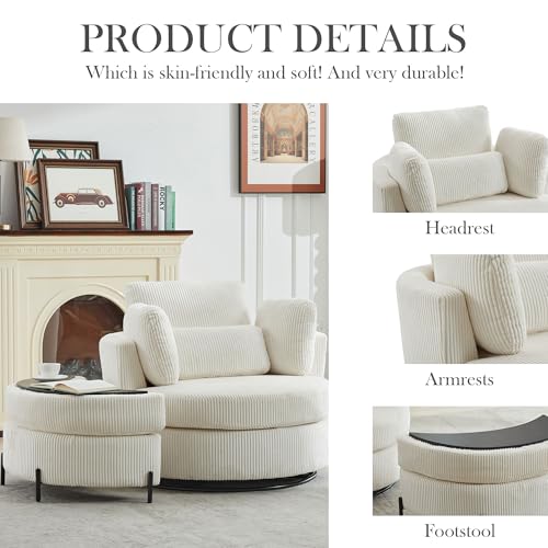 Oversized Swivel Barrel Chair with Ottoman, Chenille, Beige M813