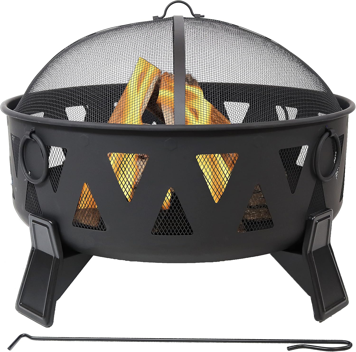 Sunnydaze 25-Inch Steel Wood-Burning Fire Pit with Mesh Stripe Cutouts - includes Poker and Spark Screen