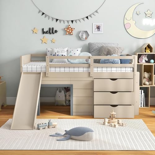 Twin Low Loft Bed with 3 Storage Drawers, Slide, Ladder & Guardrails I297242