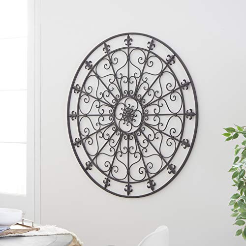 Metal Fleur De Lis Wall Decor Circle Sculpture with Scrollwork, Black W704356