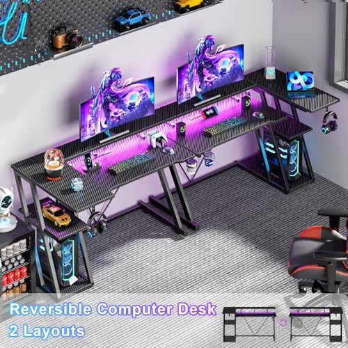 L Shaped Gaming Desk with Power Outlet and LED Lights Y52619