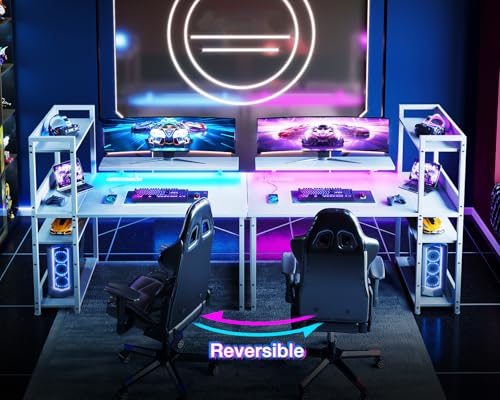 Reversible Gaming Desk with USB Charging Port and LED Lights, 40 Inch Computer Desk with Storage Shelves M571