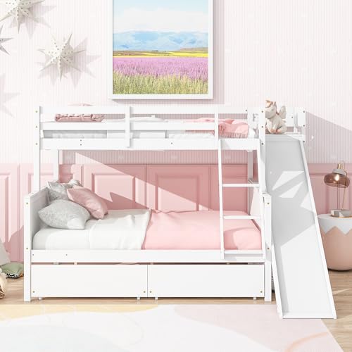 Twin Over Full Size Wooden Bunk Bed with Slide and Storage Stairs N394