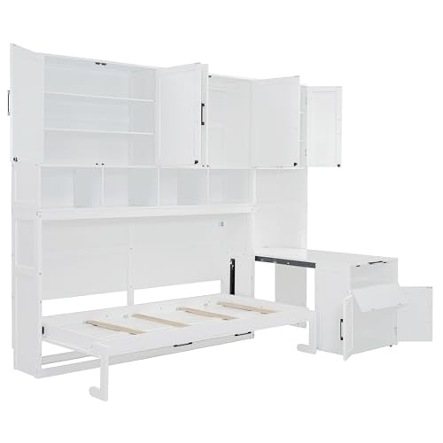 Twin Murphy Bed with Closet, Drawers & Desk, White Q211